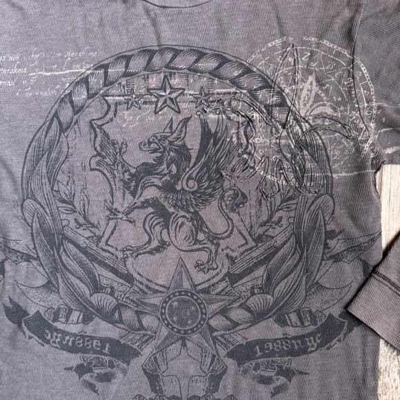 Vtg Y2K Waffle Knit Mens Thermal‎ Long Sleeve Graphic Charcoal Gray Gothi… - Picture 4 of 5